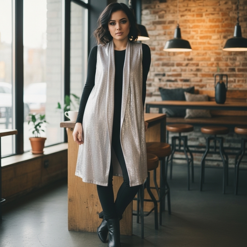 LuLaRoe Joy Metallic Silver Sleeveless Long Vest / Duster